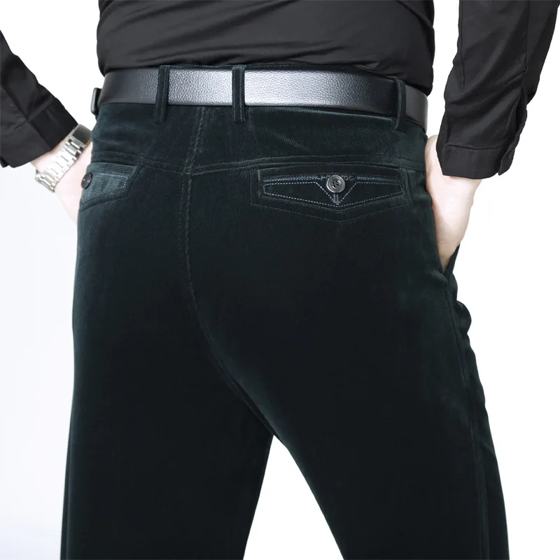 

New Autumn winter men casual pants high waist elastic corduroy pants straight middle-aged Loose Solid mens trousers wash wear