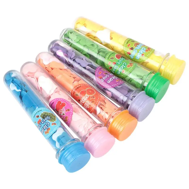 ¡Oferta! Minijabón de baño perfumado de viaje, tubo de papel para jabón de manos para niños, portátil, jabón de pétalos de frutas, papel de flores en colores aleatorios