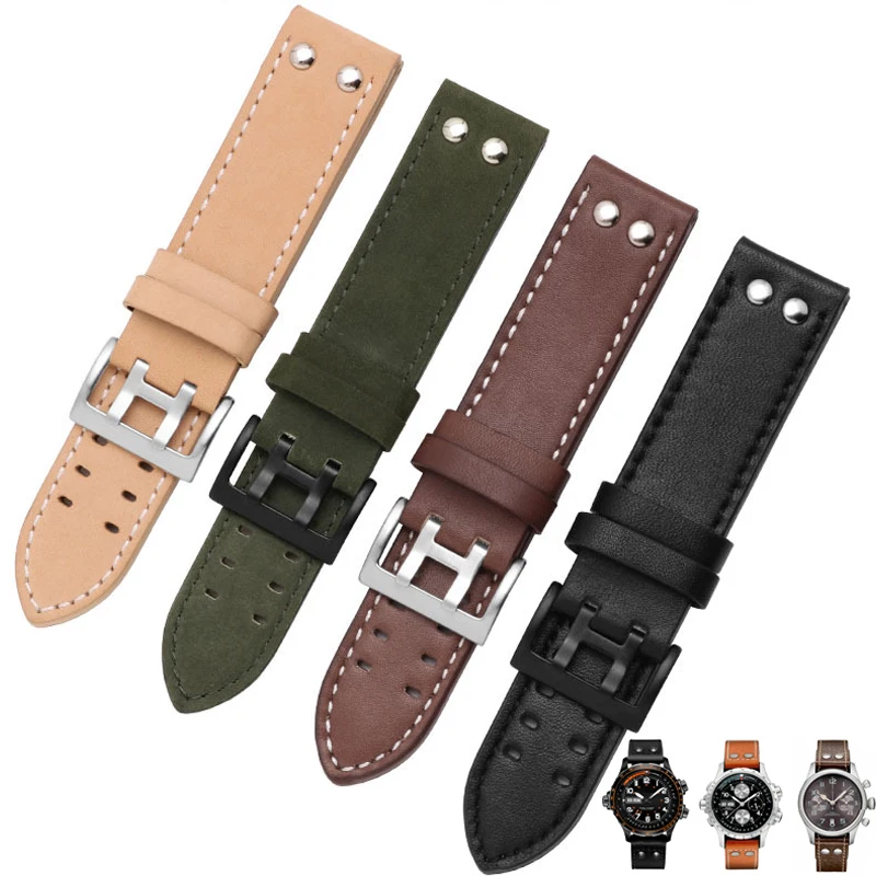 

Double screw universal calfskin leather strap for Hamilton for Seiko battlefield aviation Wristband Black brown Khaki 20mm 22mm