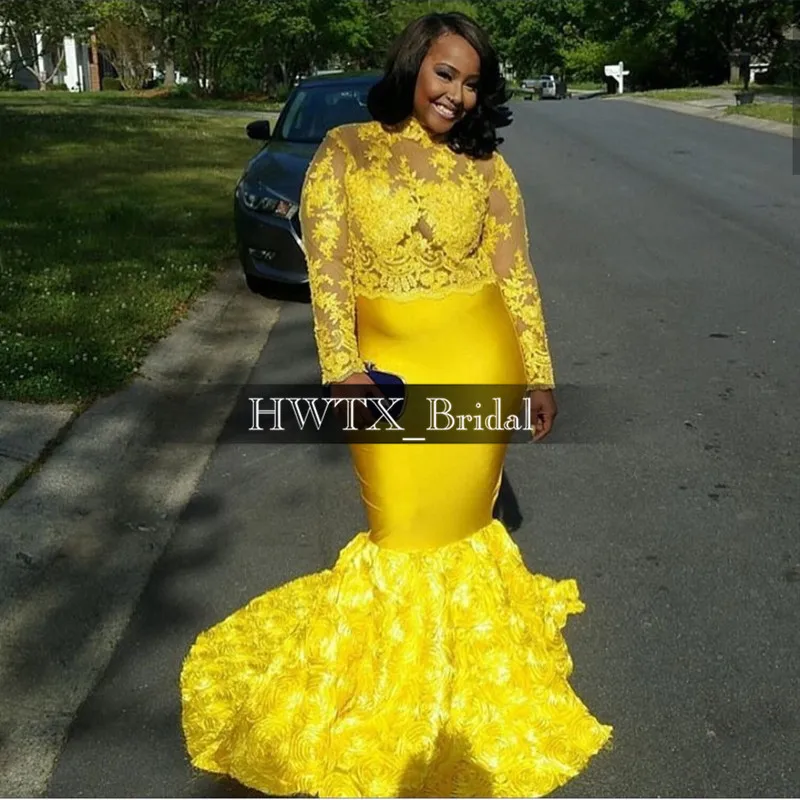 

Custom Plus Size Girl Prom Dresses 2020 Long Sleeve See Through Lace 3D Flowers Mermaid African Women Gala Prom Dress Party Gown