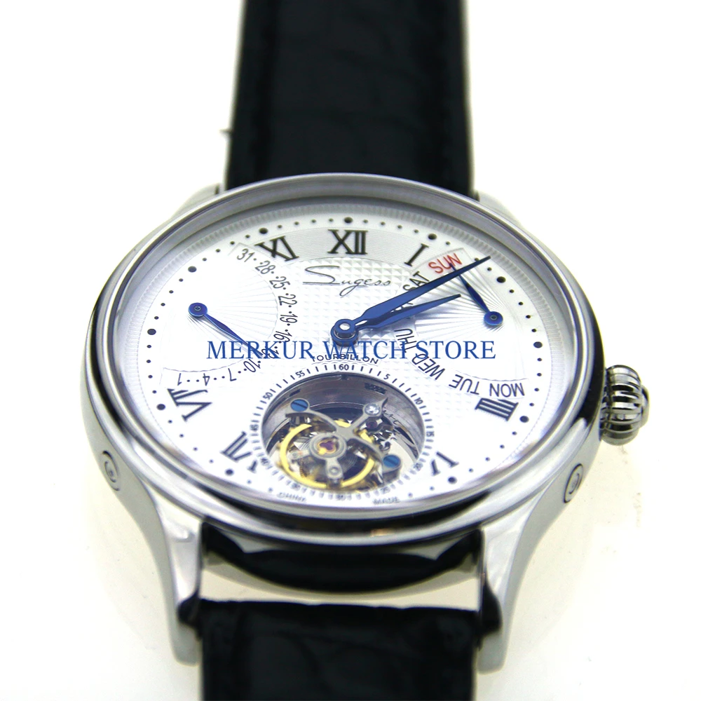 Sugess мужские часы летающие механические чайки ST8004 Tourbillon движение день дата скелентон люкс