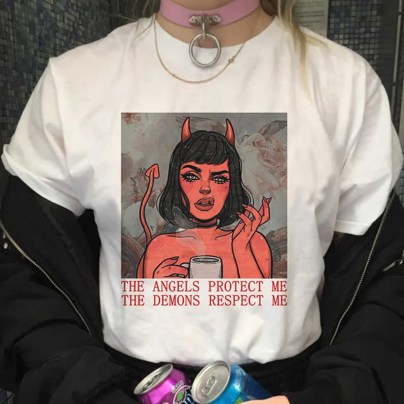 

THE DEMONS RESPECT ME E Girl Aesthetic Harajuku Style T Shirt Women Clothes Summer Loose Top Printed Casual Vintage Tops T-Shirt
