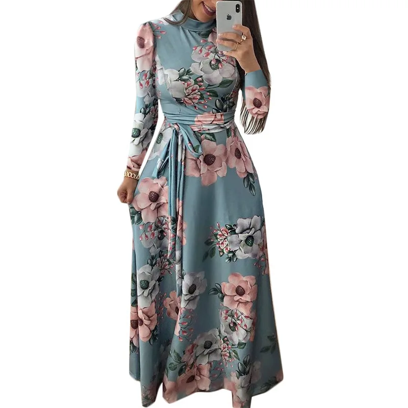 Women Summer Dress 2020 Casual Short Sleeve Long Dress Boho Floral Print Maxi Dress Turtleneck Bandage Elegant Dresses Vestido