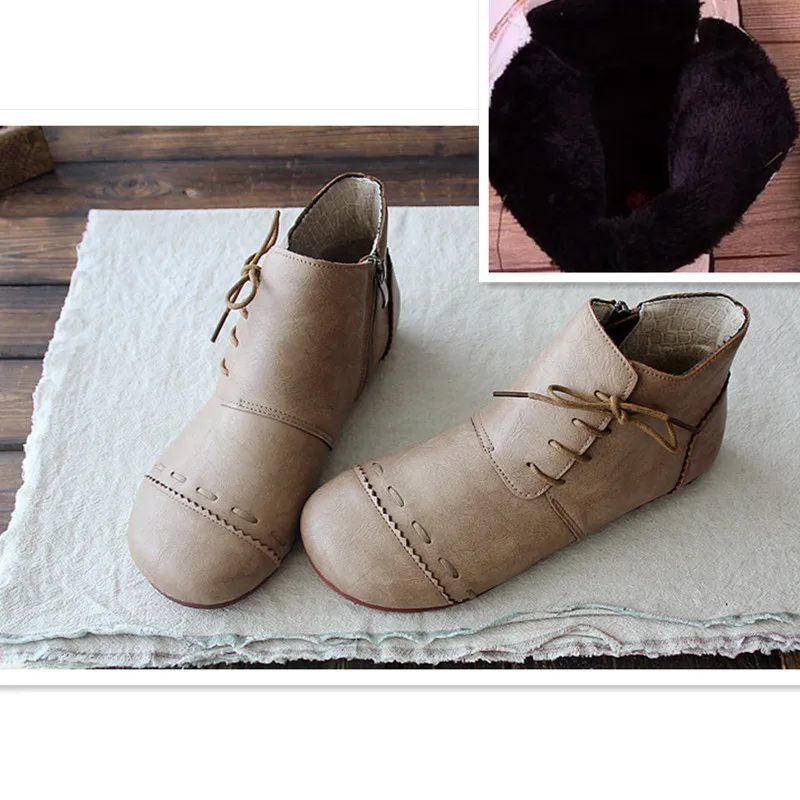 HUIFENGAZURRCS/осенние женские ботинки Ботинки martin ручной работы с круглым носком удобные повседневные ботинки на плоской подошве для студентов - Цвет: Khaki Fur