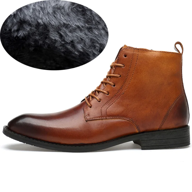 Зимние Для мужчин ботильоны челси из натуральной кожи телячья кожа, сделано вручную Высокое качество класса люкс Резиновые теплые мужская зимняя обувь# YY9206 - Цвет: brown add fur