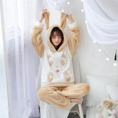 Корейская kawaii Пижама с капюшоном для женщин, зимняя теплая одежда для сна, домашняя одежда для отдыха, женская розовая Фланелевая пижама, пижама для девочек