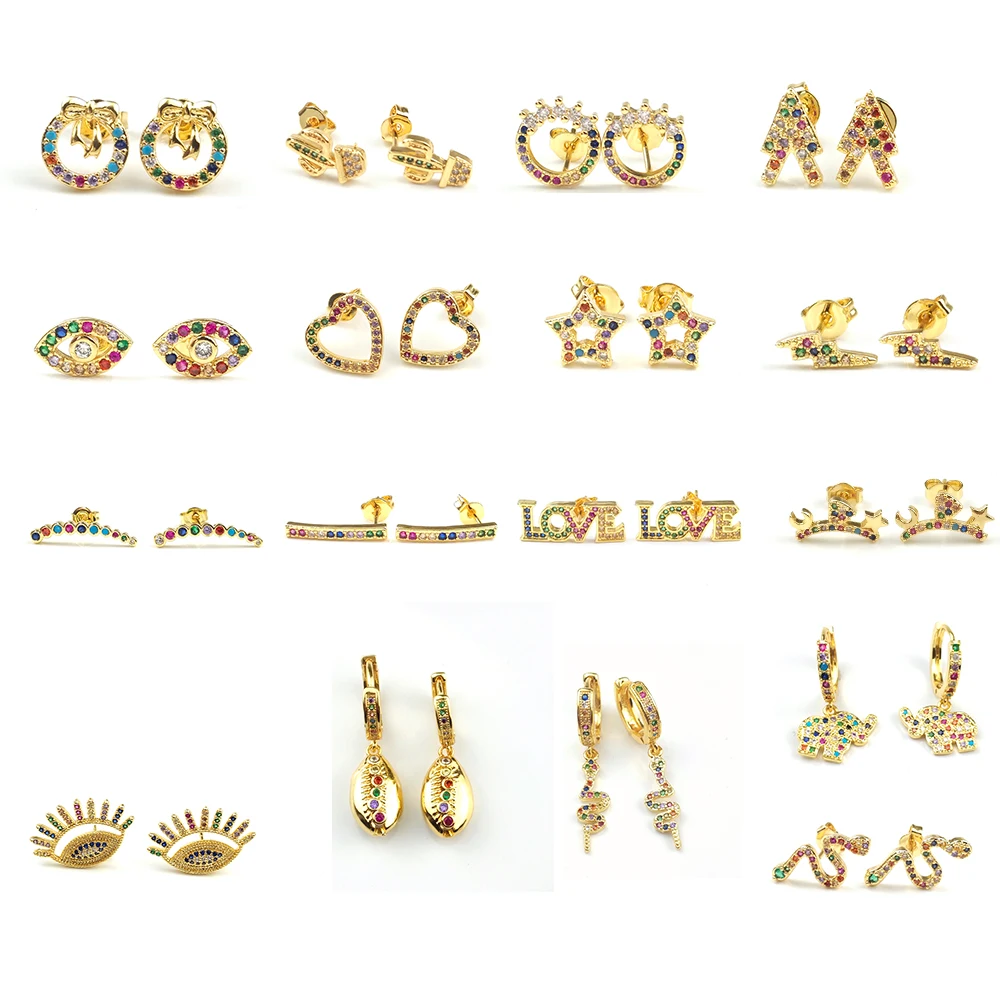 Gold heart Tiny Stud Bar Earrings For Women Snake Earring CZ Seashell Eye Rainbow Small aretes oro arcoiris | Украшения и
