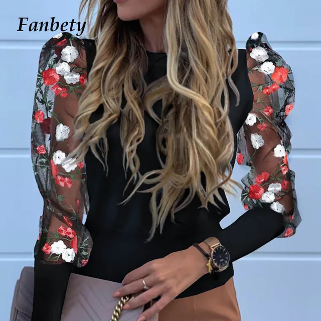 US $9.10 Lady Embroidery Lantern Sheer Mesh Sleeve Blouse shirts Women Autumn Polka Dot Print Blusa pullover