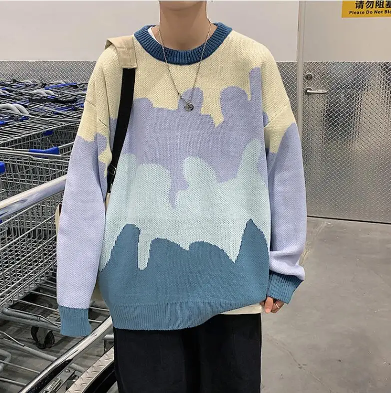 

Autumn Winter Sweater Men's Warm Fashion Contrast Color Retro Casual Knitted Pullover Knitting Sweater