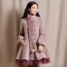 Новинка, женское осеннее и зимнее длинное шерстяное пальто с рукавами-фонариками и кружевными цветами, шерстяная куртка с воротником-стойкой, верхняя одежда