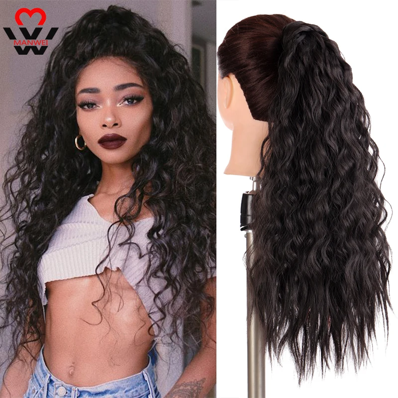 

MANWEI Corn Wavy Long Ponytail Synthetic Hairpiece Wrap on Clip Hair Extensions Black Brown Ponytail Fake Hair Heat Resistant