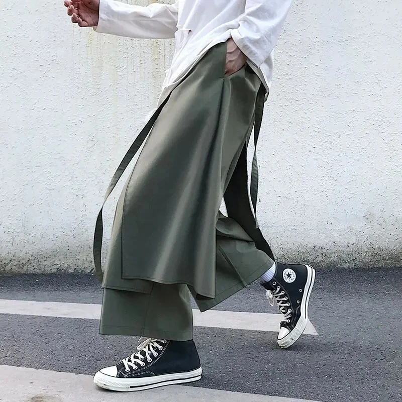 Fake Two-Piece Pants Men Male New Loose Wide-Leg Trousers Casual Straight Streetwear Spring Autumn Hip-Hop Pantalons Capris