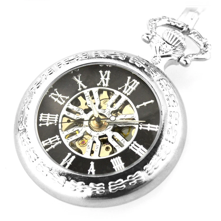 Ретро Серебряный Скелет прозрачные Механические карманные часы для мужчин и женщин брелок цепь Подвеска полный стальной карманные часы