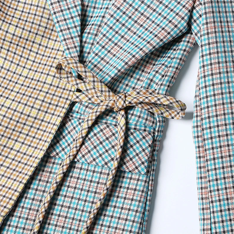 ECRURANI Plaid Casual Two Piece Set For Women Lapel Long Sleeve Coat High Waist Lace Up Mini Skirt Elegant Sets Females 2021 New