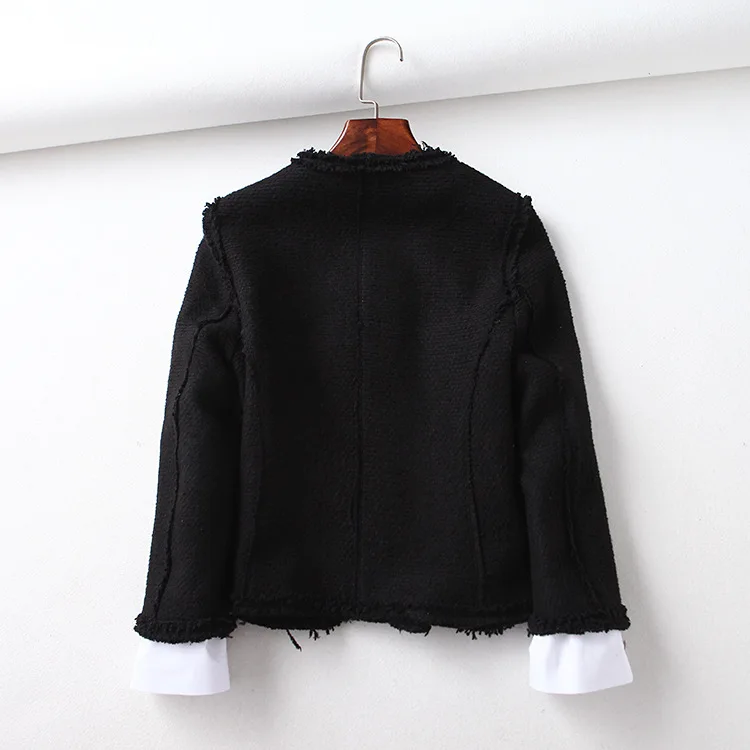 

201ca Autumn New Style Fashion Graceful Crew Neck Single Breasted Tassels Joint Long Sleeve Versatile Soft It Short Jacket Women