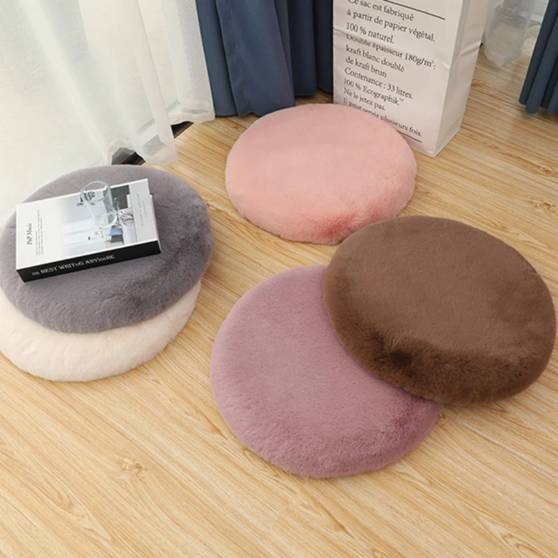 8 Colors Round Cushion Imitation Rabbit Fur Thickening Plush Stool Pad Solid Warm Dining Chair Anti-Slip  Seat Mat