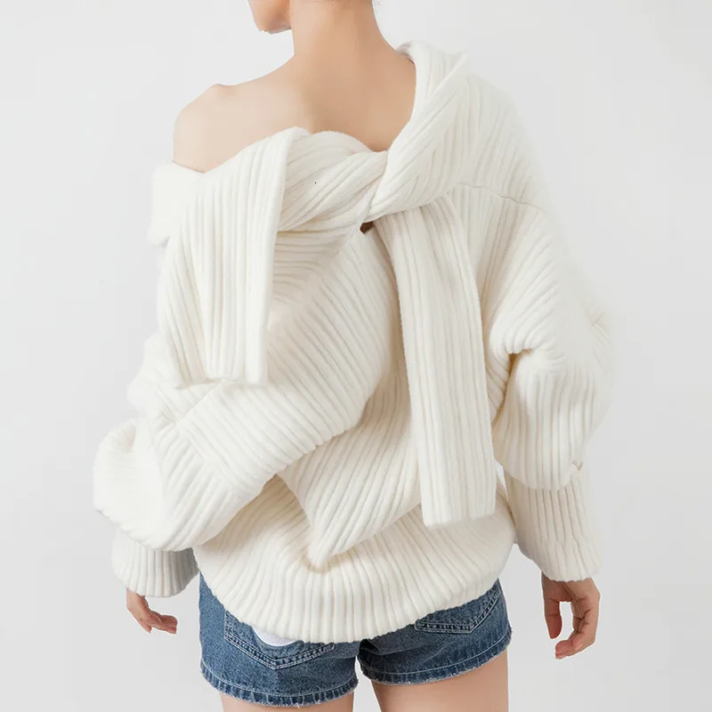 

Lace Up White Korean Women's Sweater One Shoulder Skew Collar Long Sleeve Female Sweaters 2019 Autumn Fashion New