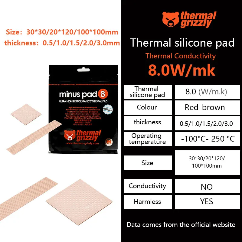 Thermal Grizzly Minus Pad 8 냉각 패드 8.0W/Mk 마더보드 냉각..