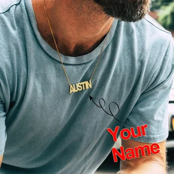 

Men's Name Necklaces Thick Gold Stainless Steel Metal Signature Nameplate Gothic Punk Rock Male Jewelry Gift for Him Husband Dad
