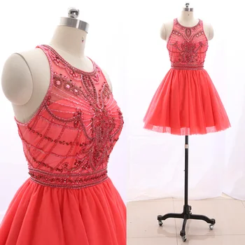 

MACloth Watermelon Short Halter Knee-Length Short Crystal Tulle Prom Dresses Dress M 265619 Clearance