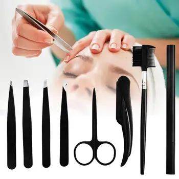 

9pcs/Set Stainless Steel Eyebrow Trimmer Tweezers Scissors Shaver Facial Hair Trimming Grooming Kit Beauty Tools makeup Tool Kit