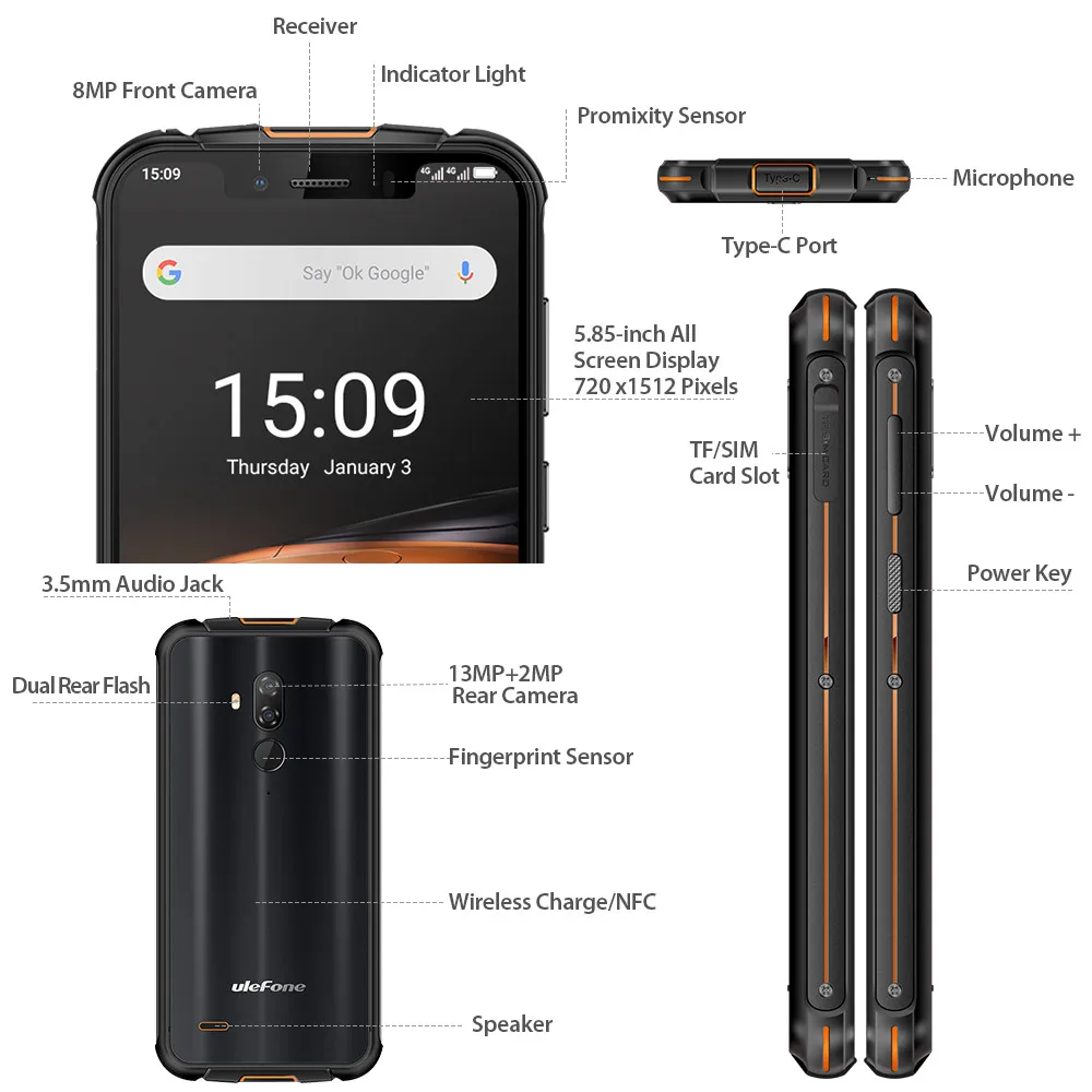 Ulefone Armor 5S, 4 ГБ, 64 ГБ, Android 9,0, мобильный телефон, 5,85 дюймов, четыре ядра, разблокировка лица, две sim-карты, Беспроводная зарядка, смартфон, OTG, NFC