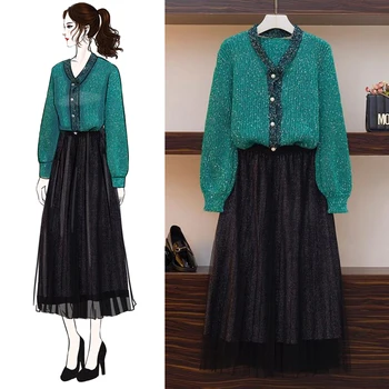

HAMALIEL New Fashion Women 2 Piece Set Dress Fall Single Breasted Knitted Bright Silk Halter Sweater Coat+ Mesh Long Skirts Suit
