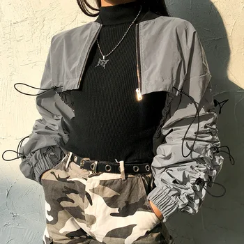 

Fashion Long Sleeve Woman Short Jacket Punk Loose Long Sleeve Zipper Drawstring Female Coat Streetwear
