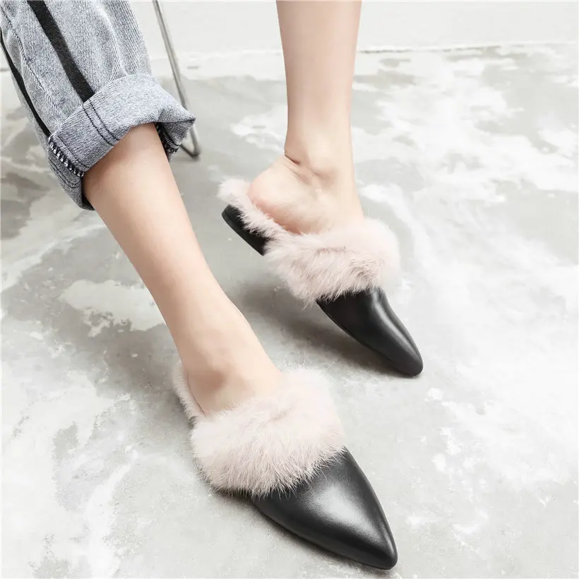 

Rabbit Fur Slippers Women Genuine Leather Winter Slides Outside Low Heel Party Pumps Pointed Toe Low Top Oxfords Shoes Size 4-10