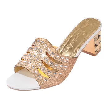 

Women Fashion Roma Bling Crystal High Heel Slipper Sandals Summer PU leather Peep Toe Ladies Shoes 2019 New #1220
