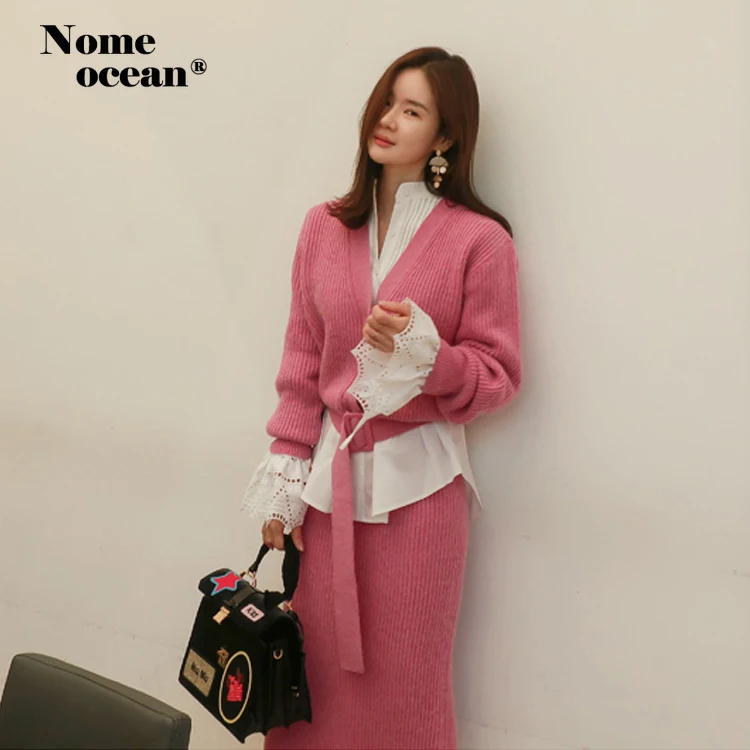 

Two Pieces Sweater Set Belted Cardigan and Midi Skirt Set Knitted 2019 Autumn Women Cardigans Office Lady Sweater Set M19081217