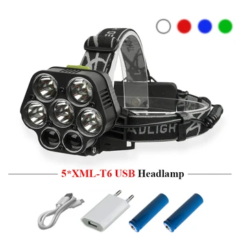 

7led Red light blue green light source head lamp cree xml t6 usb headlight chagre fishing headlamp 18650 waterproof head torch