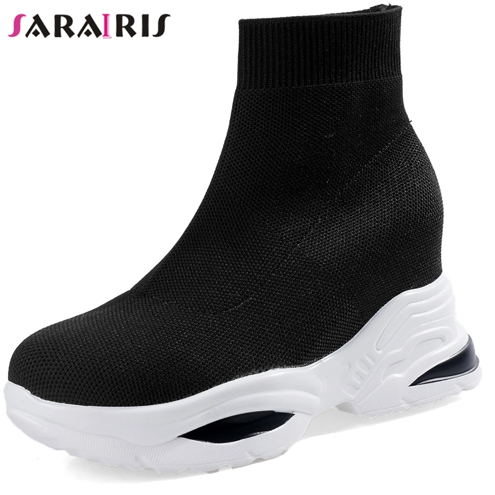 

SARAIRIS Ankle Boots For Women 2019 Elastic Upper Platform Boots Slip On Black White Boots Autumn Shoes Woman Feminina Big Size
