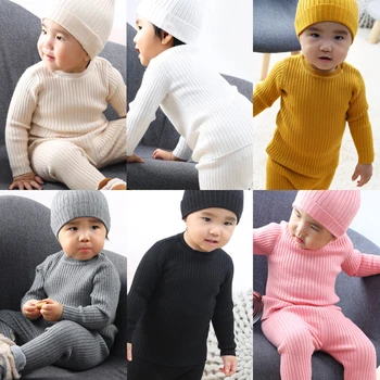 

New Kids Autumn Winter Baby Girl Clothes Knit Ribbed Sweater Boys Sweater Pants Hats 3Pcs Childen Clothing