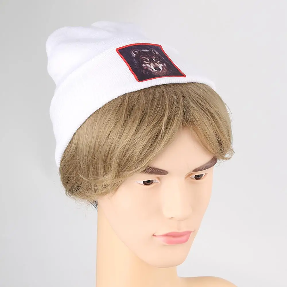 Белый логотип Волк печати вязаная шапка крючком Skullcap женские теплые зимние унисекс шапки Beanie повседневные Skullcap Skullies уличные