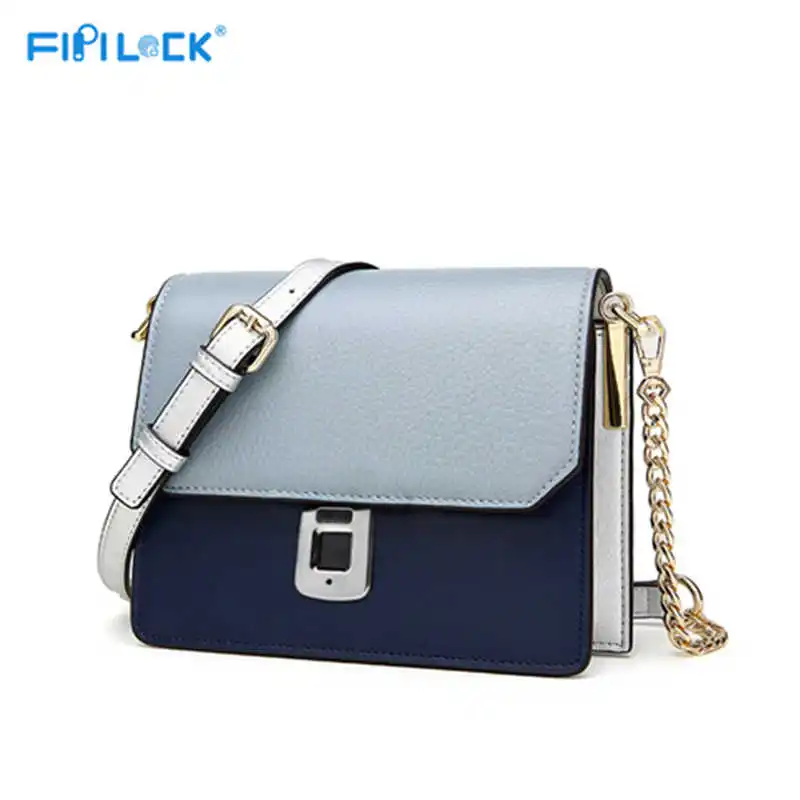 Fipilock FL-V14 отпечаток пальца кожаные сумки Смарт Противоугонная женская сумка повседневная женская сумка на плечо женская большая Bolsos - Цвет: gray with blue