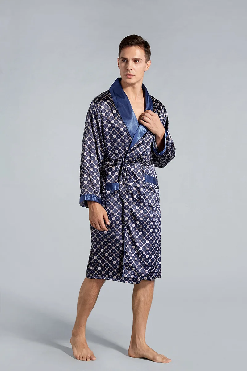 Litherday Men's Lightweight Dressing Gowns Satin Kimono Robe Nightgown Silk Bathrobe Long-Sleeve Pajamas Sleepwear 