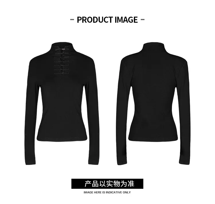 Панк РЕЙВ панк Модифицированная Cheongsam с длинными рукавами футболка женская новая черная тонкая рубашка с высоким воротником Трикотажная нижняя рубашка