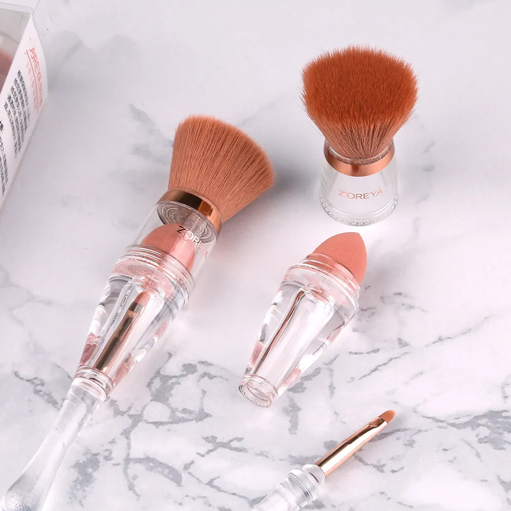 

3 In 1 Multifunction combination Face Makeup Brush High Quality Transparent Acrylic Handle Contour puff Lip Brush Kit