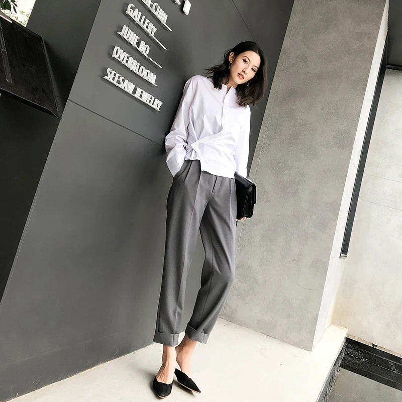 Женский рабочий повседневный костюм брюки Осенняя мода Высокая талия серый прямой офисный женский костюм свободные шикарные брюки женские брюки