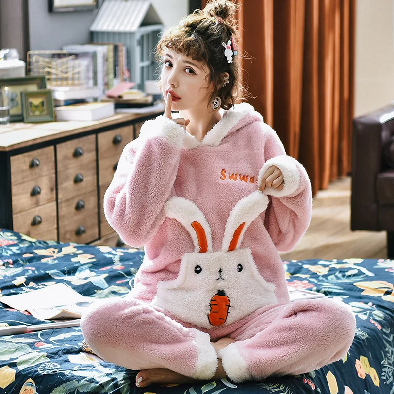 

Coral Velvet Pajamas Women's Winter Cute Rabbit Thick Warm Flannel Spring Students Hooded Homewear Set