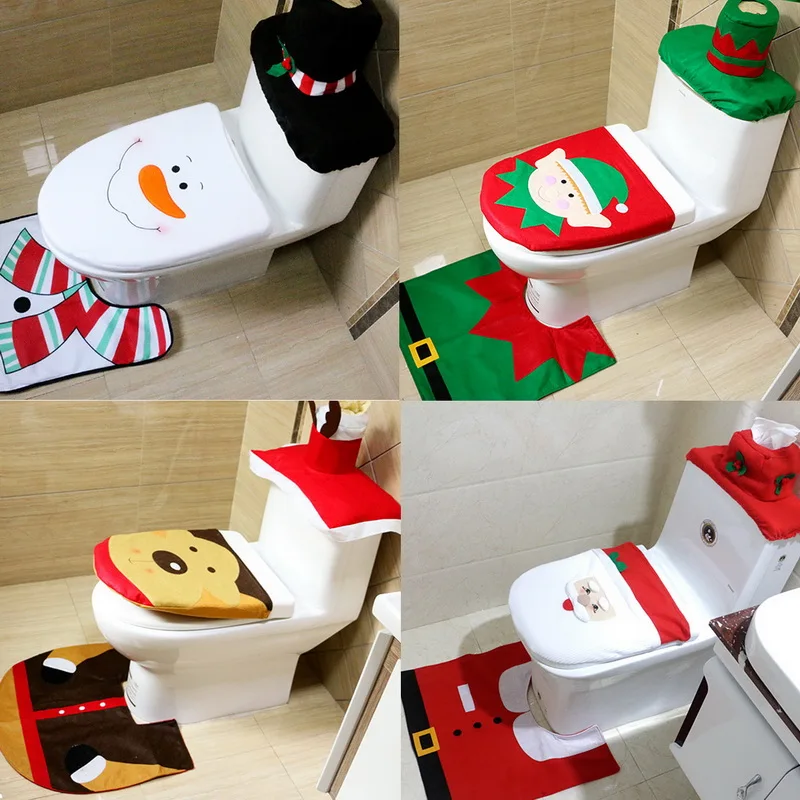 3PCS Set Snowman Toilet Lid And Carpet Bathroom Set Christmas Decoration Snowman Santa Toilet Seat Cover