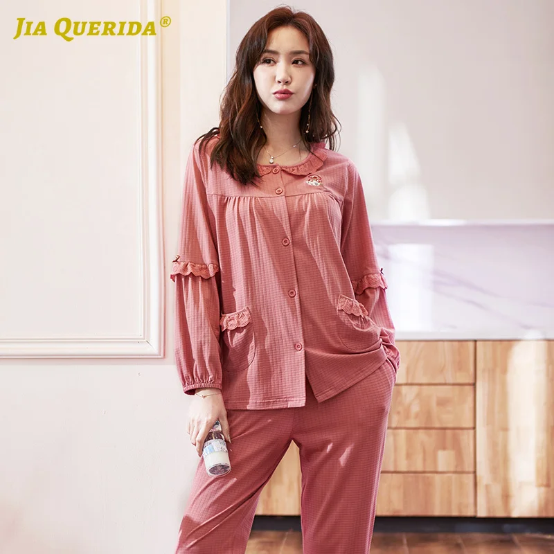 

Spring Autumn Loungewear Woman New Pajamas Set Homesuit Homeclothes Sleepwear Woman Clothes Cotton Turn Down Collar Solid Pj Set