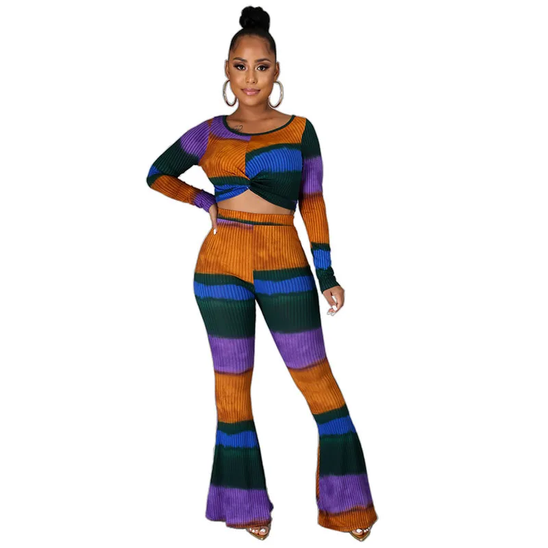 

Autumn and Winter New Style 2-Piece Set Long-Sleeved T-shirt Women's Printing Color Contrast Top Wide Leg Pants Set