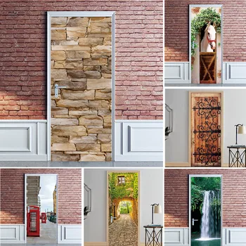 

Adhesive Removable Wallpaper Simulation Brick Door Sticker Waterproof Poster Home Decor Auto Collant Porte Wall Art Mural Decals