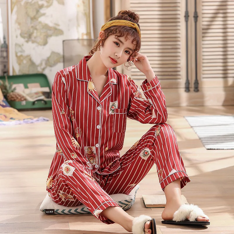 

According to Feminine Spring And Autumn Long-sleeved Cardigan Pajamas Two-Piece Set Stripes Women's Loose-Fit Fold-down Collar M