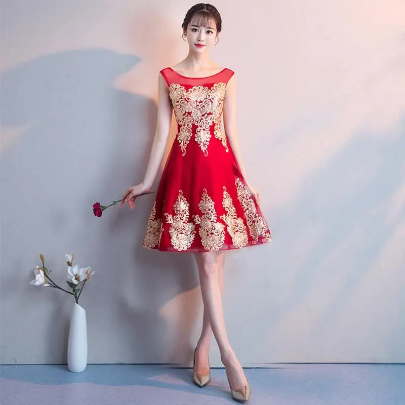 Красные женские вечерние платья с вырезом лодочкой, Мини Cheongsam, элегантные, с коротким рукавом, Qipao, сексуальные, тонкие, свадебные платья, Vestidos xs-xxxl - Цвет: Dark Red - A