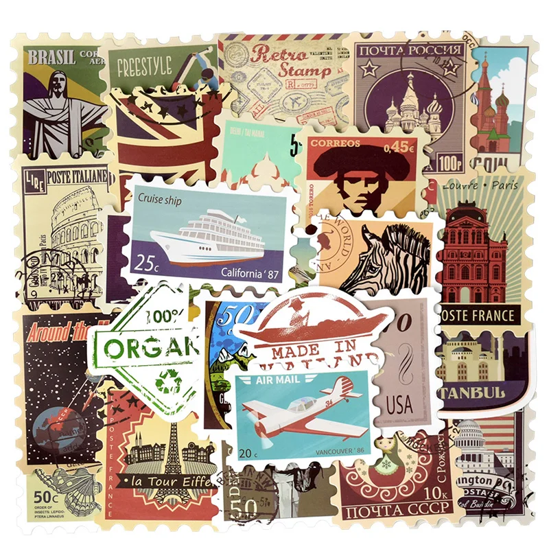 50 PCS Retro Stamp Stickers Toy Travel Landmark Building Postmark Postage Decals Sticker for DIY Suitcase Guitar Laptop Car Bike