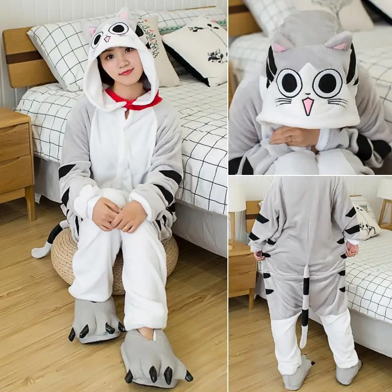 Пижама с единорогом, Женская Фланелевая пижама, домашняя одежда, Kigurumi, Ститч, панда, Тоторо, Мультяшные животные, пижамные комплекты, Пижама для взрослых - Цвет: Cheese Cat FL