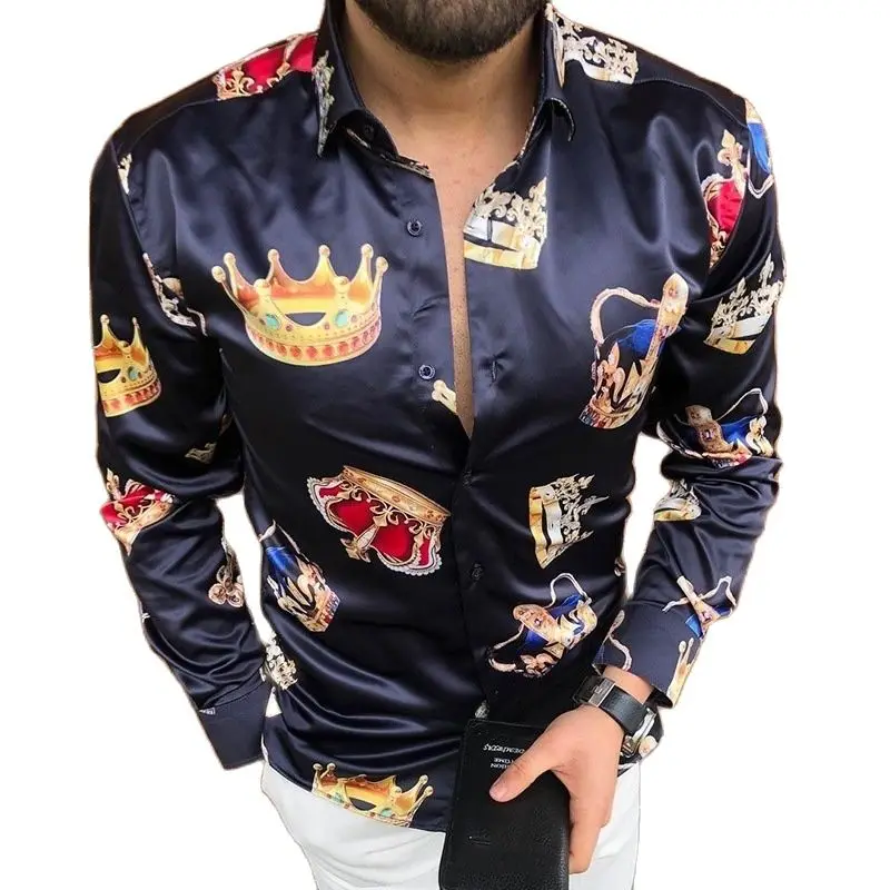 

2022 autumn new men's long sleeve shirt casual crown printed top fashion